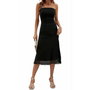 NEW Black Bodycon Strapless Lined Sheer Overlay Midi Dress M